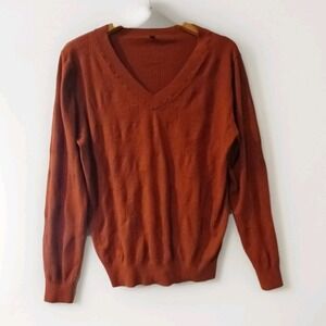 Rust‎ V-Neck Knit Sweater Textured Geometric Pattern Long Sleeve